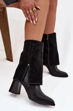 Online Skórzane Botki Damskie Na Słupku Z Wywiniętą Cholewką Ocieplane K7206-01 Czarne Damskie Botki Maciejka|Botki Skórzane