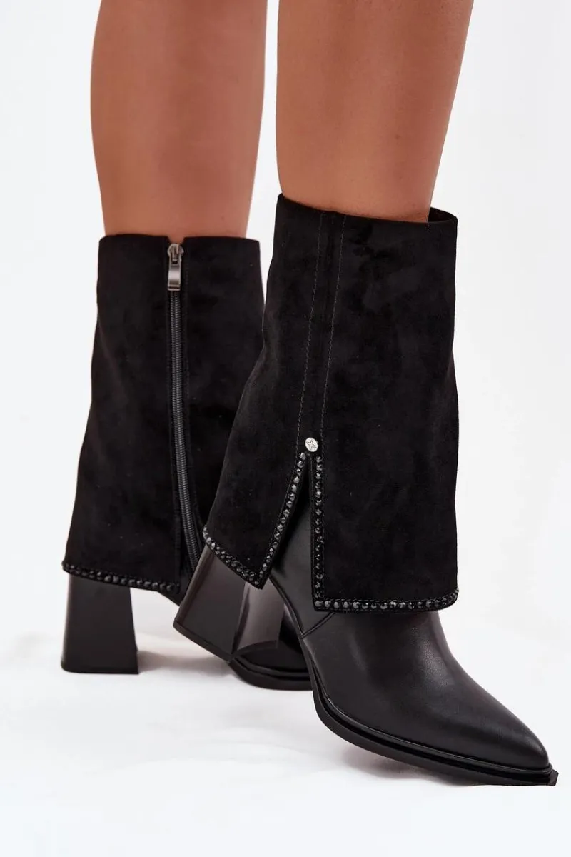 Online Skórzane Botki Damskie Na Słupku Z Wywiniętą Cholewką Ocieplane K7206-01 Czarne Damskie Botki Maciejka|Botki Skórzane