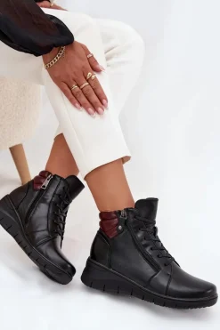 Buty damskie Vinceza Skórzane Botki Damskie Na Koturnie Ocieplane Vinceza 39963 Czarne Czarny