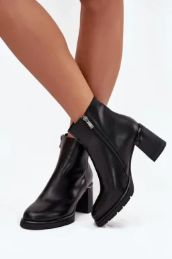 Discount Skórzane Botki Damskie Na Słupku Czarne Julissa Damskie Botki Ocieplane|Botki Na Słupku