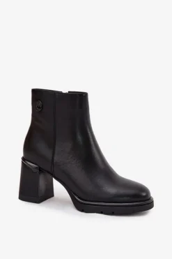 Discount Skórzane Botki Damskie Na Słupku Czarne Julissa Damskie Botki Ocieplane|Botki Na Słupku