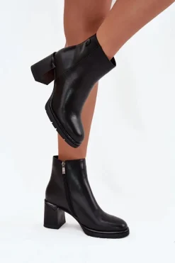 Discount Skórzane Botki Damskie Na Słupku Czarne Julissa Damskie Botki Ocieplane|Botki Na Słupku