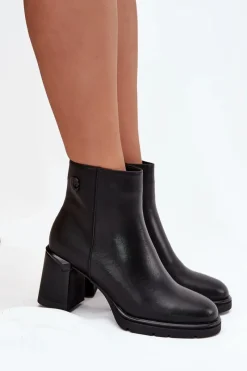 Discount Skórzane Botki Damskie Na Słupku Czarne Julissa Damskie Botki Ocieplane|Botki Na Słupku