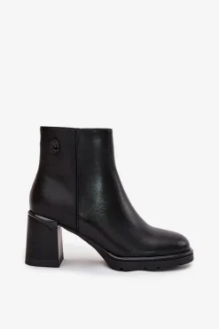 Discount Skórzane Botki Damskie Na Słupku Czarne Julissa Damskie Botki Ocieplane|Botki Na Słupku