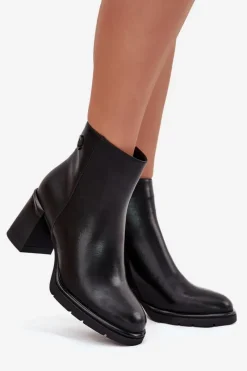 Discount Skórzane Botki Damskie Na Słupku Czarne Julissa Damskie Botki Ocieplane|Botki Na Słupku