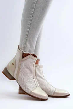 Outlet Skórzane Botki Damskie Na Niskim Obcasie 06397-22 Jasnobeżowe Damskie Botki Wiosenne|Botki Maciejka