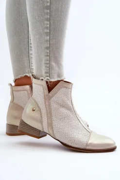 Outlet Skórzane Botki Damskie Na Niskim Obcasie 06397-22 Jasnobeżowe Damskie Botki Wiosenne|Botki Maciejka