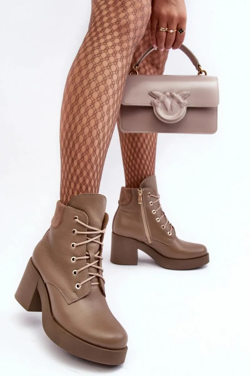 Botki Skórzane|Botki Sznurowane>Boto Skórzane Botki Damskie Na Słupku Ciemnobeżowe Lemar Leocera