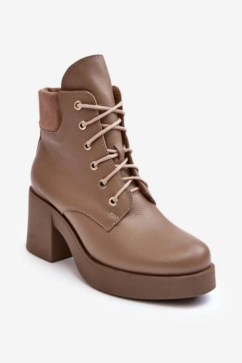 Botki Skórzane|Botki Sznurowane>Boto Skórzane Botki Damskie Na Słupku Ciemnobeżowe Lemar Leocera