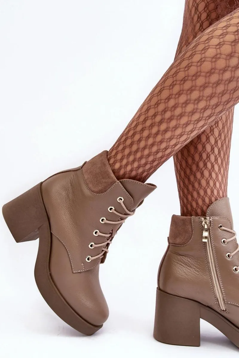 Botki Skórzane|Botki Sznurowane>Boto Skórzane Botki Damskie Na Słupku Ciemnobeżowe Lemar Leocera