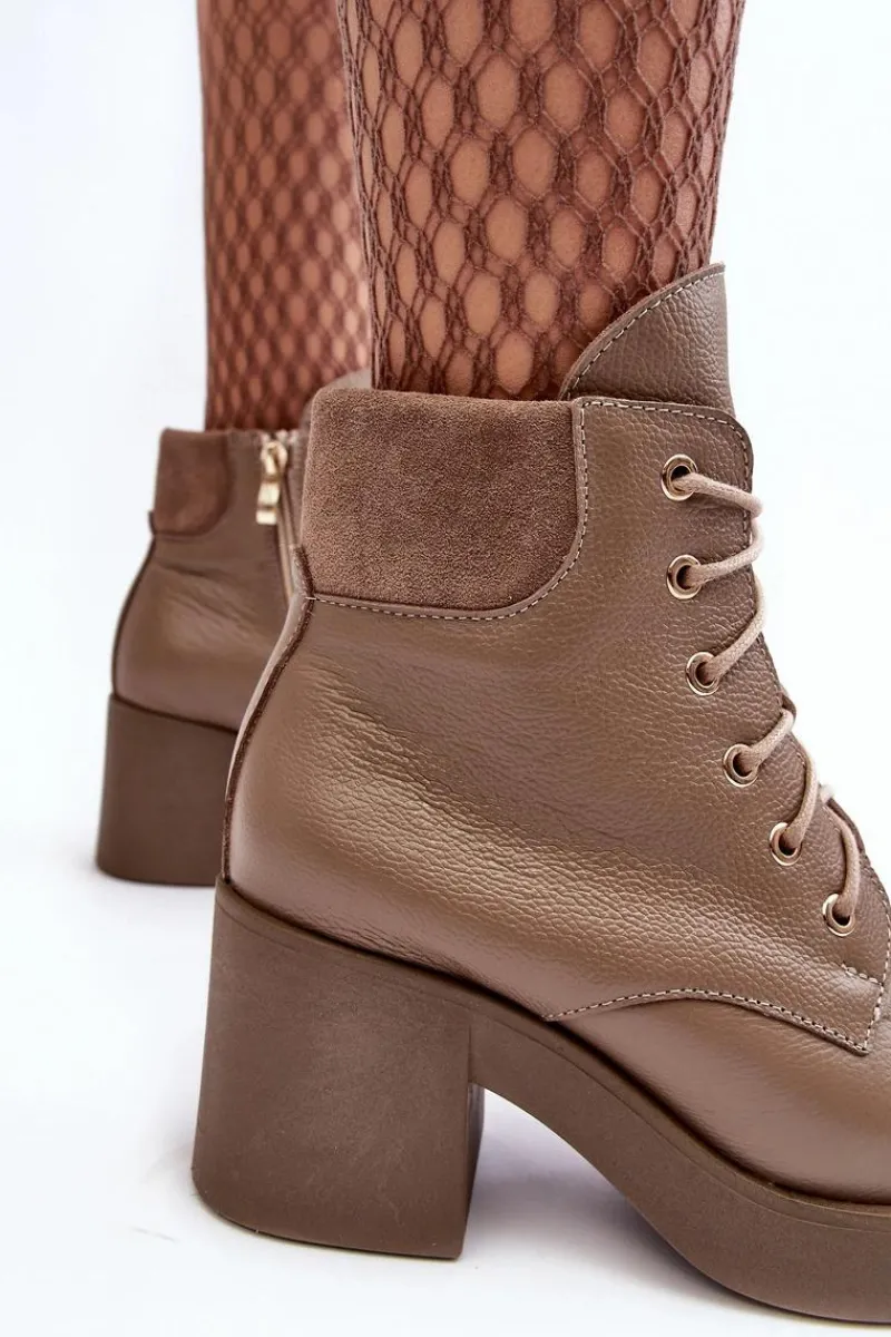 Botki Skórzane|Botki Sznurowane>Boto Skórzane Botki Damskie Na Słupku Ciemnobeżowe Lemar Leocera