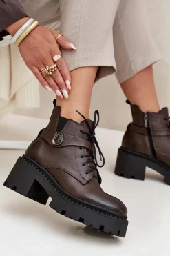 Botki Ocieplane|Brązowe I Beżowe Botki>Zazoo Skórzane Botki Damskie Na Klocku Z Ozdobnym Paskiem Ocieplane 60557 Czekoladowe Brązowy