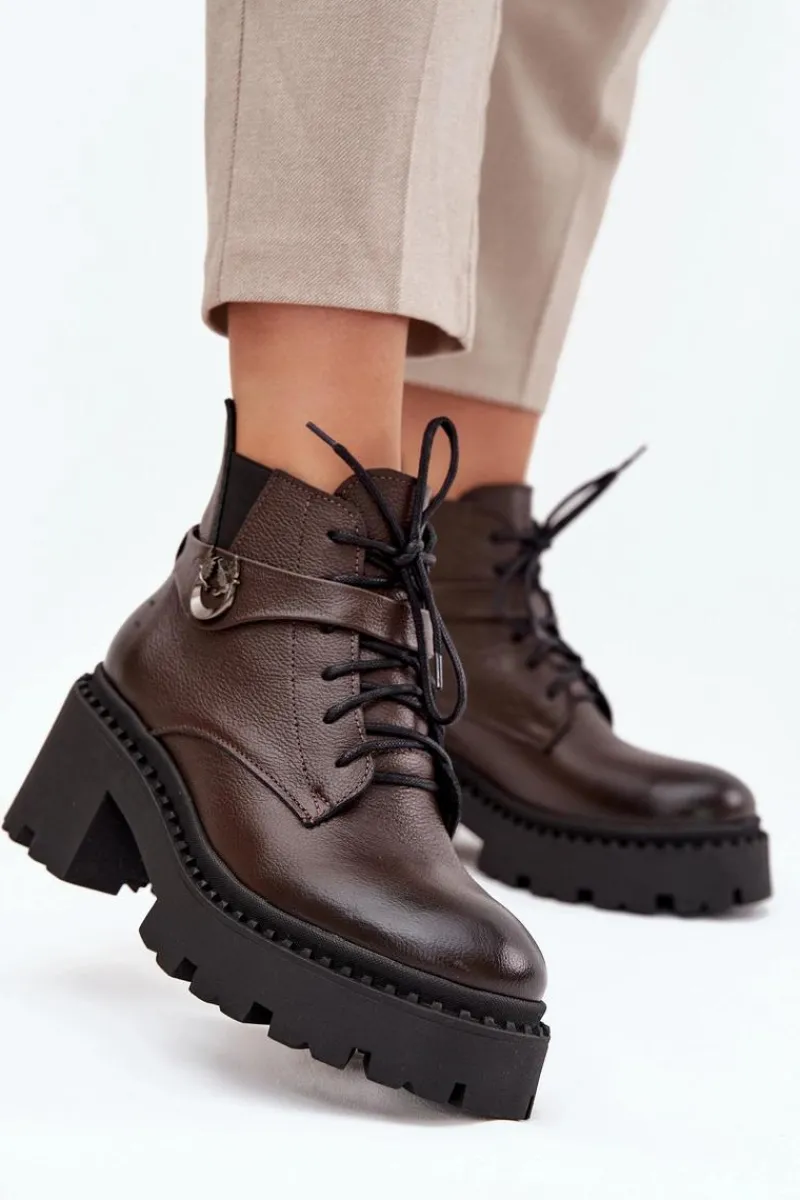 Botki Ocieplane|Brązowe I Beżowe Botki>Zazoo Skórzane Botki Damskie Na Klocku Z Ozdobnym Paskiem Ocieplane 60557 Czekoladowe Brązowy