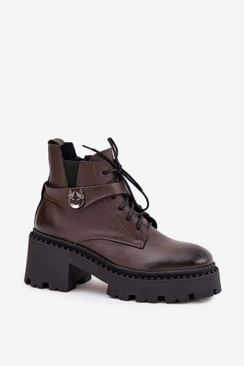 Botki Ocieplane|Brązowe I Beżowe Botki>Zazoo Skórzane Botki Damskie Na Klocku Z Ozdobnym Paskiem Ocieplane 60557 Czekoladowe Brązowy