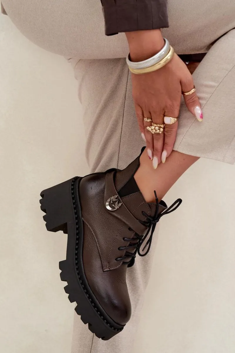 Botki Ocieplane|Brązowe I Beżowe Botki>Zazoo Skórzane Botki Damskie Na Klocku Z Ozdobnym Paskiem Ocieplane 60557 Czekoladowe Brązowy