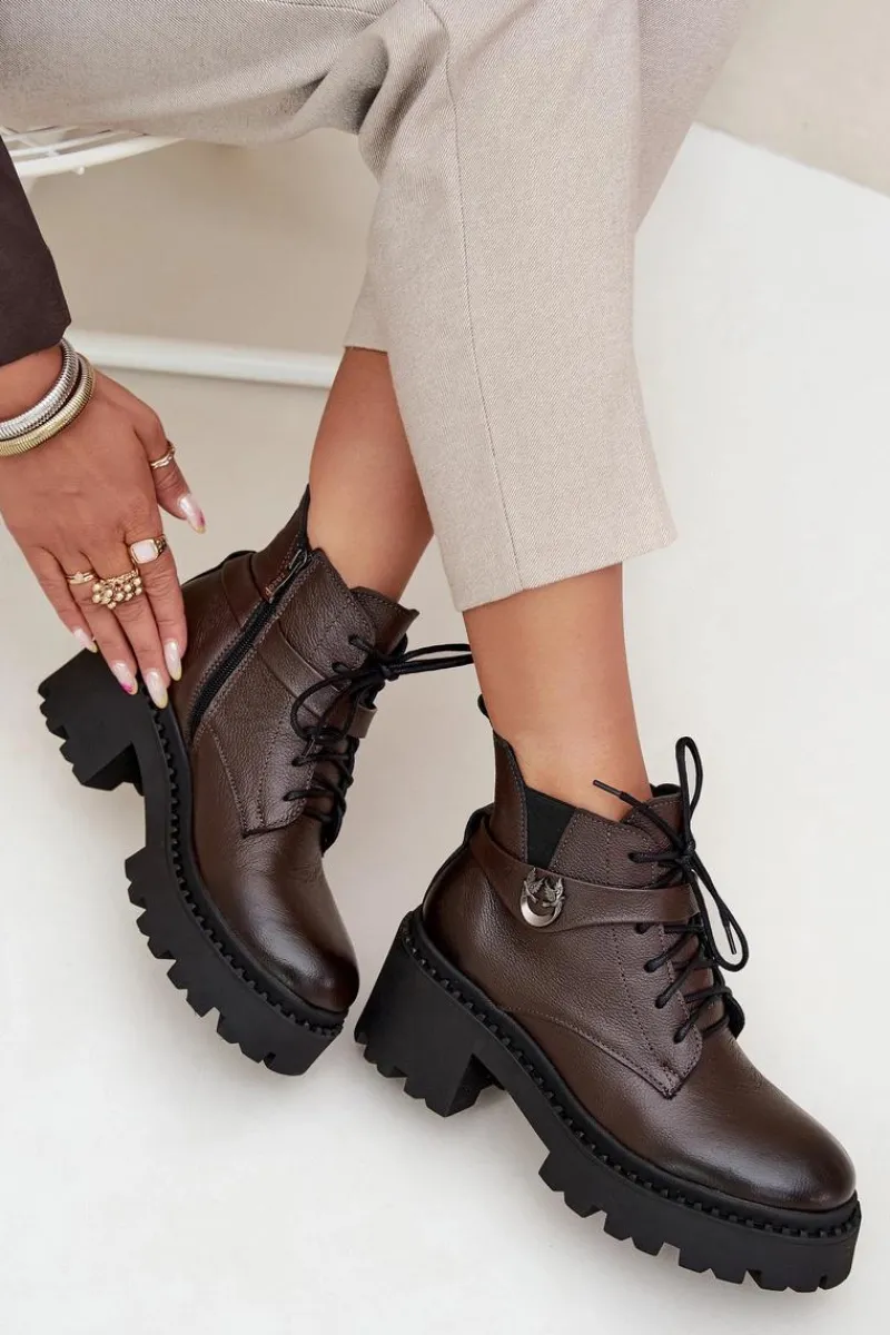 Botki Ocieplane|Brązowe I Beżowe Botki>Zazoo Skórzane Botki Damskie Na Klocku Z Ozdobnym Paskiem Ocieplane 60557 Czekoladowe Brązowy