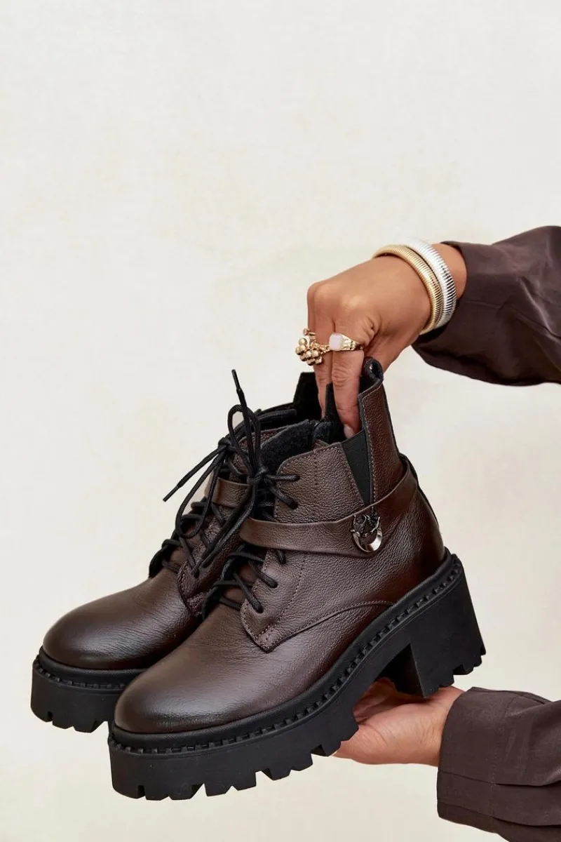 Botki Ocieplane|Brązowe I Beżowe Botki>Zazoo Skórzane Botki Damskie Na Klocku Z Ozdobnym Paskiem Ocieplane 60557 Czekoladowe Brązowy