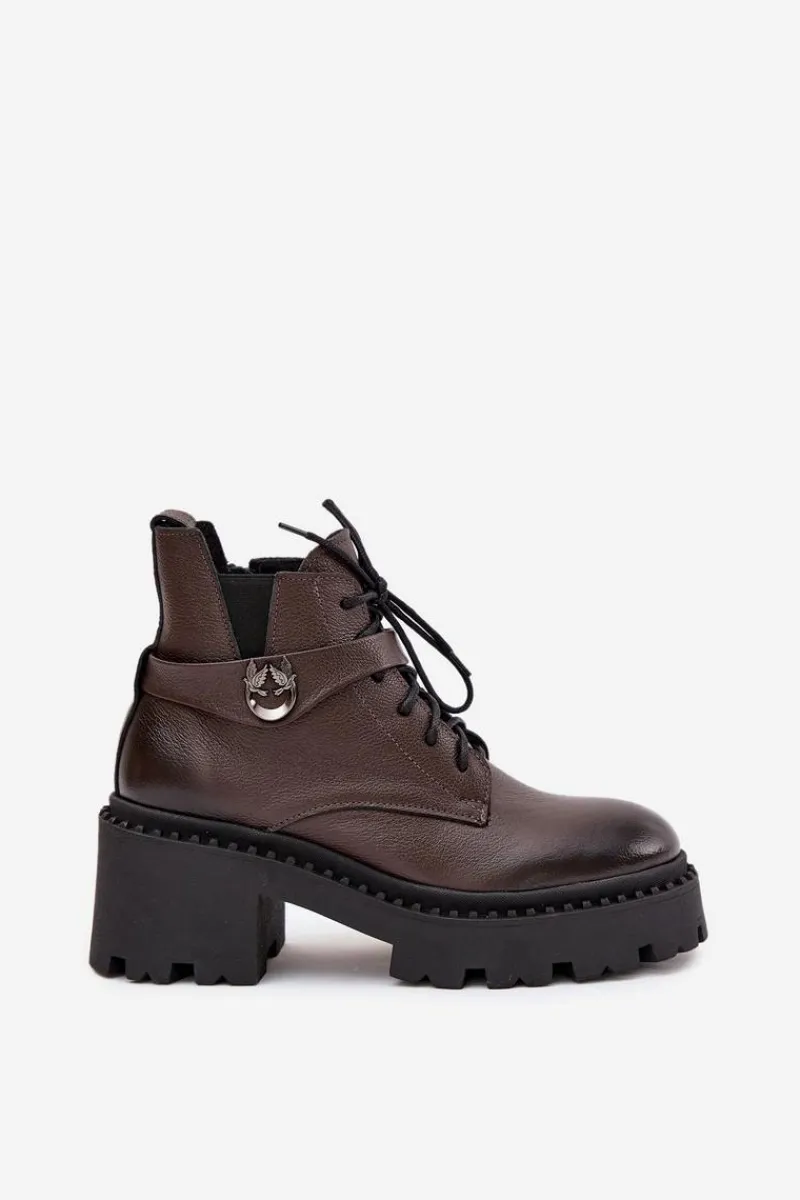 Botki Ocieplane|Brązowe I Beżowe Botki>Zazoo Skórzane Botki Damskie Na Klocku Z Ozdobnym Paskiem Ocieplane 60557 Czekoladowe Brązowy