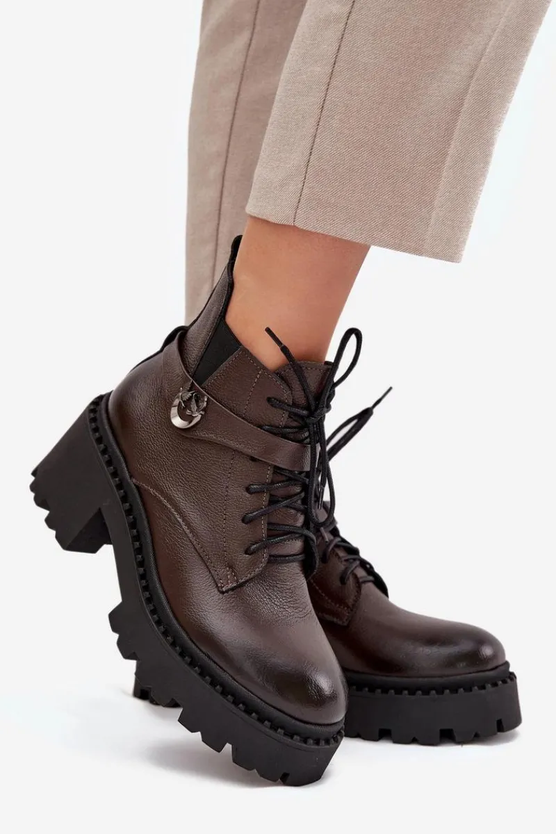 Botki Ocieplane|Brązowe I Beżowe Botki>Zazoo Skórzane Botki Damskie Na Klocku Z Ozdobnym Paskiem Ocieplane 60557 Czekoladowe Brązowy