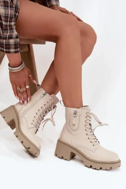 Best Buty damskie Vinceza Skórzane Botki Damskie Na Klocku Ocieplane Vinceza 86418 Beżowe Beżowy