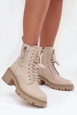 Best Buty damskie Vinceza Skórzane Botki Damskie Na Klocku Ocieplane Vinceza 86418 Beżowe Beżowy