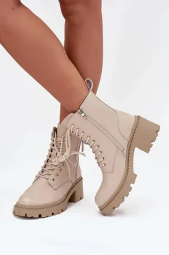 Best Buty damskie Vinceza Skórzane Botki Damskie Na Klocku Ocieplane Vinceza 86418 Beżowe Beżowy