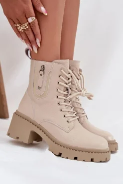 Best Buty damskie Vinceza Skórzane Botki Damskie Na Klocku Ocieplane Vinceza 86418 Beżowe Beżowy