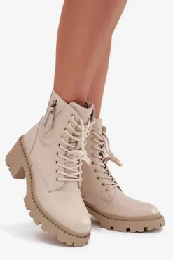 Best Buty damskie Vinceza Skórzane Botki Damskie Na Klocku Ocieplane Vinceza 86418 Beżowe Beżowy