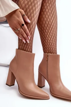 Discount Boto Skórzane Botki Damskie Na Słupku Beżowe Saitana