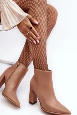 Discount Boto Skórzane Botki Damskie Na Słupku Beżowe Saitana