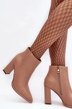 Discount Boto Skórzane Botki Damskie Na Słupku Beżowe Saitana