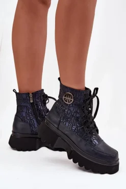 Botki Ocieplane|Botki Sznurowane>Artiker Skórzane Botki Damskie Na Platformie Z Napisami I Ozdobnym Detalem 57C2271 Granatowe Niebieski