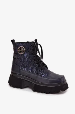 Botki Ocieplane|Botki Sznurowane></noscript>Artiker Skórzane Botki Damskie Na Platformie Z Napisami I Ozdobnym Detalem 57C2271 Granatowe Niebieski