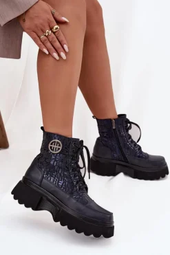 Botki Ocieplane|Botki Sznurowane></noscript>Artiker Skórzane Botki Damskie Na Platformie Z Napisami I Ozdobnym Detalem 57C2271 Granatowe Niebieski