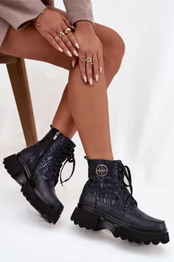 Botki Ocieplane|Botki Sznurowane></noscript>Artiker Skórzane Botki Damskie Na Platformie Z Napisami I Ozdobnym Detalem 57C2271 Granatowe Niebieski