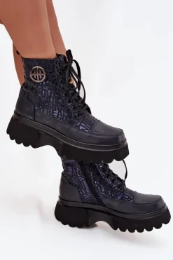 Botki Ocieplane|Botki Sznurowane></noscript>Artiker Skórzane Botki Damskie Na Platformie Z Napisami I Ozdobnym Detalem 57C2271 Granatowe Niebieski
