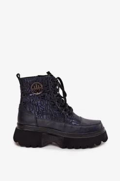 Botki Ocieplane|Botki Sznurowane></noscript>Artiker Skórzane Botki Damskie Na Platformie Z Napisami I Ozdobnym Detalem 57C2271 Granatowe Niebieski