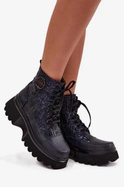 Botki Ocieplane|Botki Sznurowane></noscript>Artiker Skórzane Botki Damskie Na Platformie Z Napisami I Ozdobnym Detalem 57C2271 Granatowe Niebieski