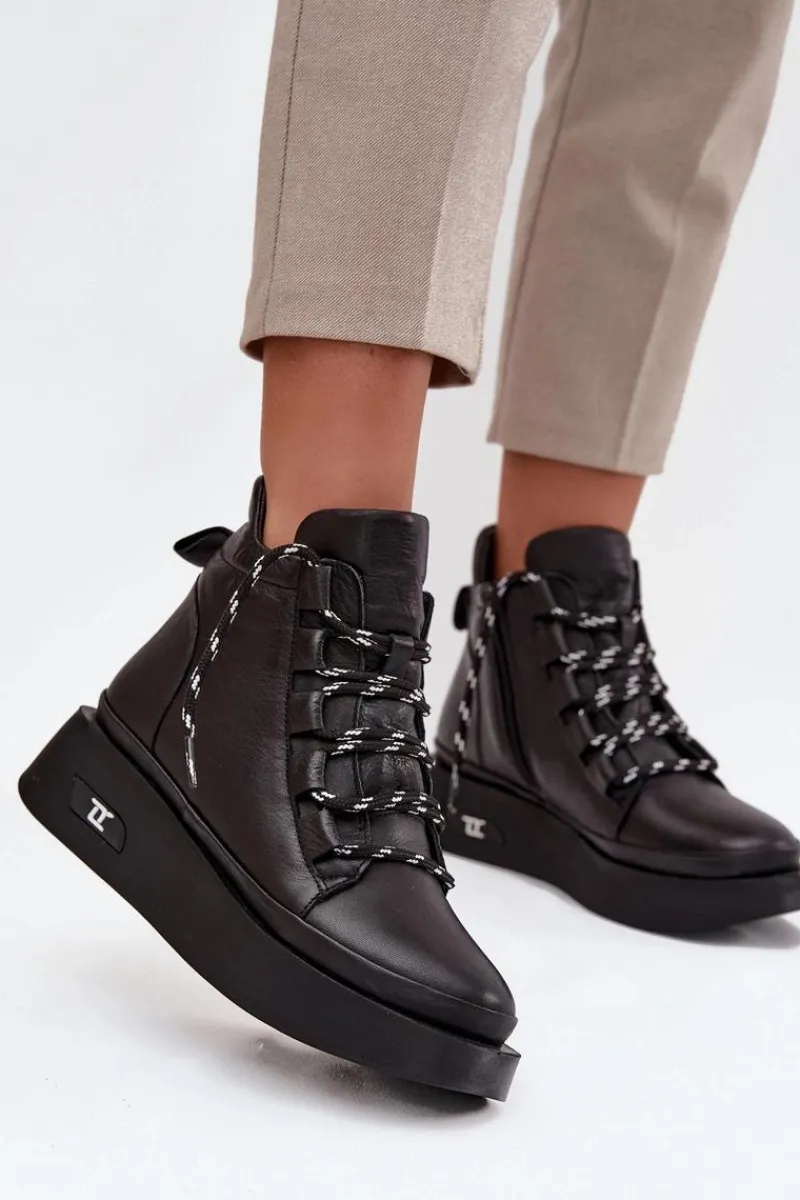 New Skórzane Botki Damskie Na Platformie Ocieplane 55C0809 Czarne Damskie Botki Ocieplane|Botki Sznurowane