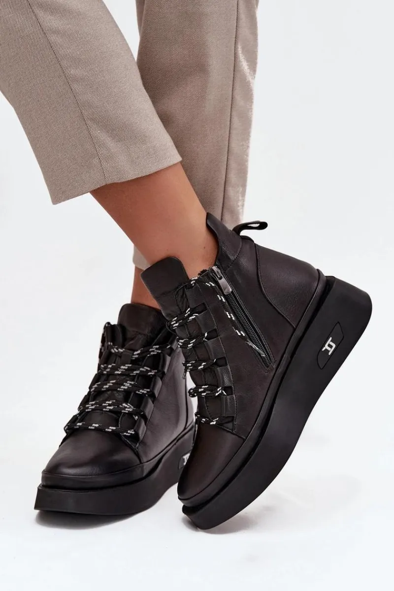 New Skórzane Botki Damskie Na Platformie Ocieplane 55C0809 Czarne Damskie Botki Ocieplane|Botki Sznurowane