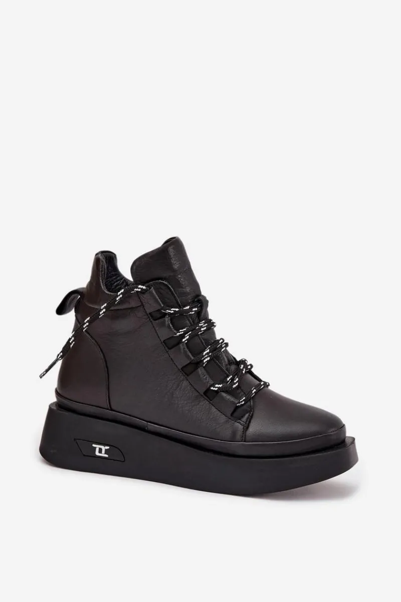 New Skórzane Botki Damskie Na Platformie Ocieplane 55C0809 Czarne Damskie Botki Ocieplane|Botki Sznurowane