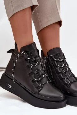 New Skórzane Botki Damskie Na Platformie Ocieplane 55C0809 Czarne Damskie Botki Ocieplane|Botki Sznurowane