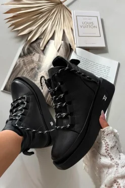 New Skórzane Botki Damskie Na Platformie Ocieplane 55C0809 Czarne Damskie Botki Ocieplane|Botki Sznurowane