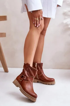 Botki Płaskie|Botki Zamszowe>Boto Skórzane Botki Damskie Na Płaskim Obcasie Lewski 3610 Brązowe Brązowy