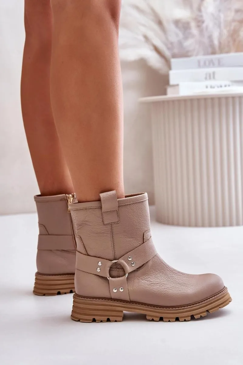 New Boto Skórzane Botki Damskie Na Płaskim Obcasie Lewski 3610 Beżowe Beżowy