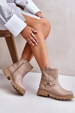 New Boto Skórzane Botki Damskie Na Płaskim Obcasie Lewski 3610 Beżowe Beżowy