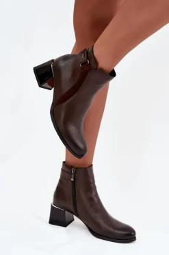 Botki Ocieplane|Brązowe I Beżowe Botki>Zazoo Skórzane Botki Damskie Na Obcasie Ocieplane 60563 Czekoladowe Brązowy