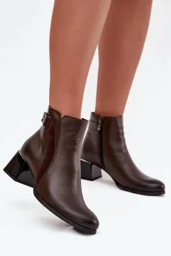 Botki Ocieplane|Brązowe I Beżowe Botki>Zazoo Skórzane Botki Damskie Na Obcasie Ocieplane 60563 Czekoladowe Brązowy