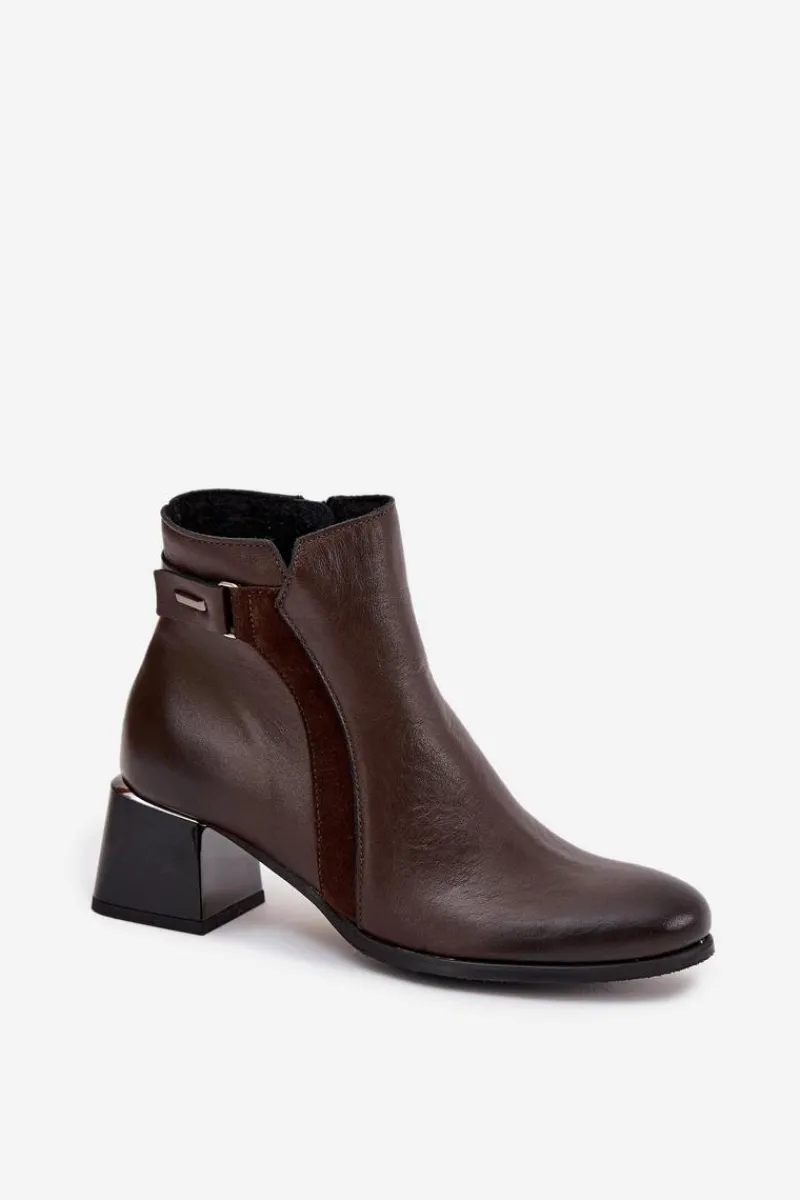 Botki Ocieplane|Brązowe I Beżowe Botki>Zazoo Skórzane Botki Damskie Na Obcasie Ocieplane 60563 Czekoladowe Brązowy