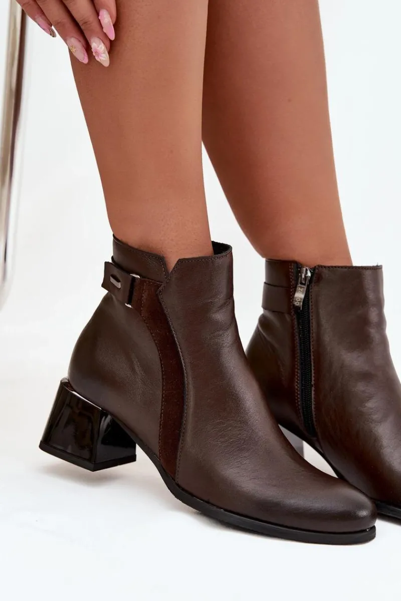 Botki Ocieplane|Brązowe I Beżowe Botki>Zazoo Skórzane Botki Damskie Na Obcasie Ocieplane 60563 Czekoladowe Brązowy